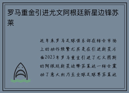 罗马重金引进尤文阿根廷新星边锋苏莱 罗马重金引进尤文阿根廷新星边锋苏莱